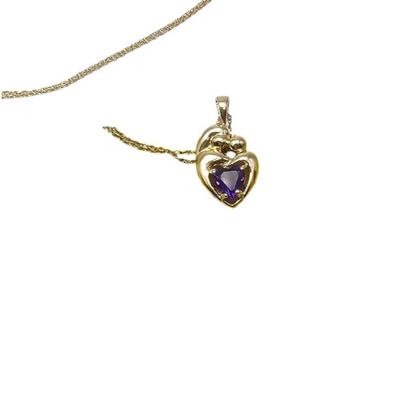 Mother & Child14K Gold Amethyst Heart Pendant Necklace 18" - Picture 14 of 16